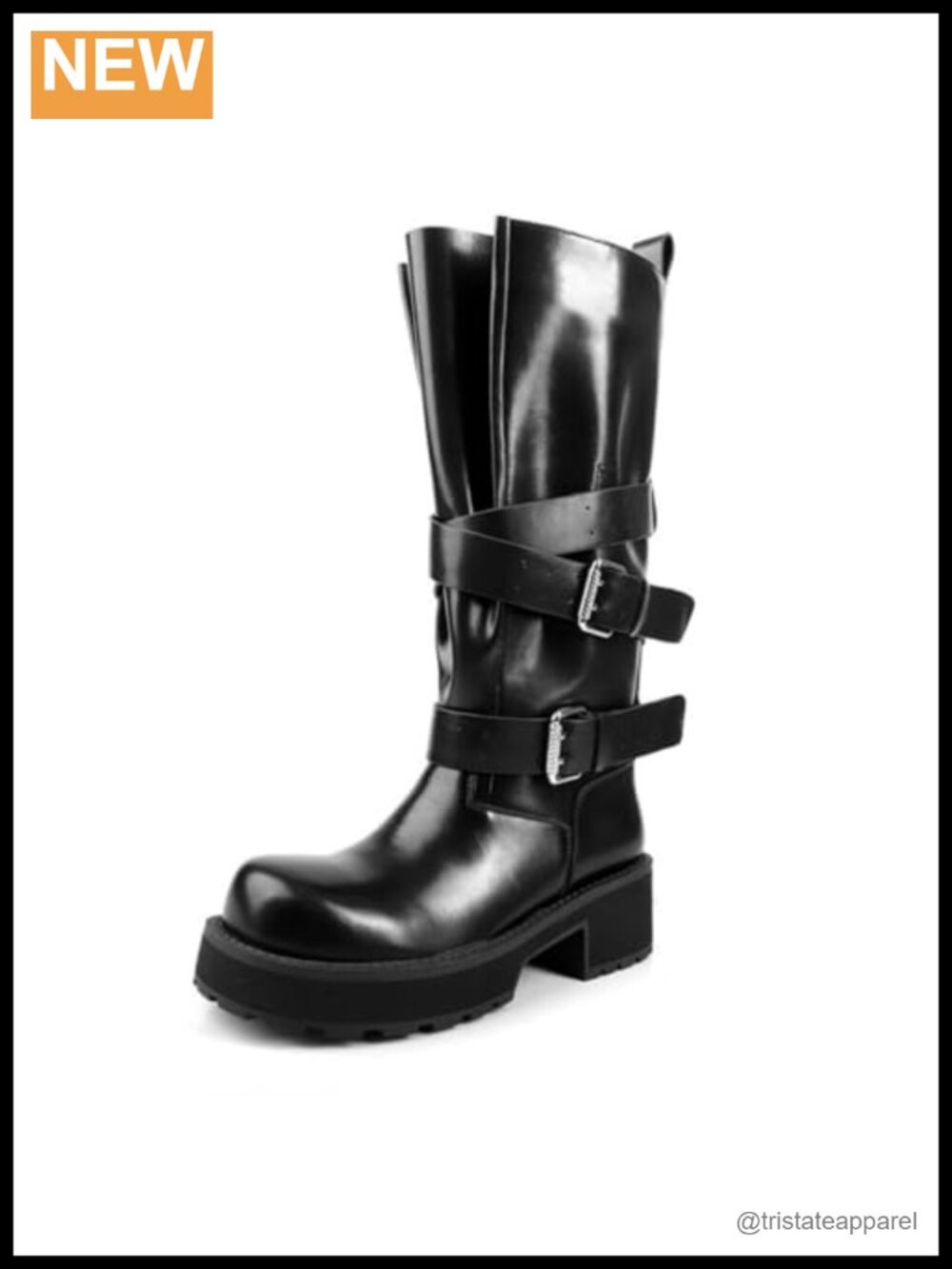 Women's Platform Knee High Chunky Heel Moto Boots Square Toe PU Leather
